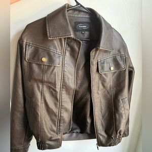Brown leather bomber jacket